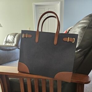 Ralph Lauren Navy and Brown Tote Bag with Leather Accents